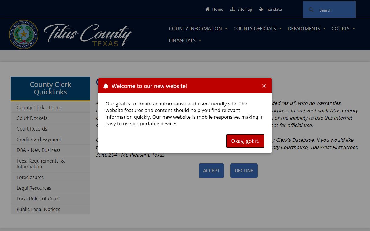 Titus County court records after jail arrest County Clerk disclaimer page