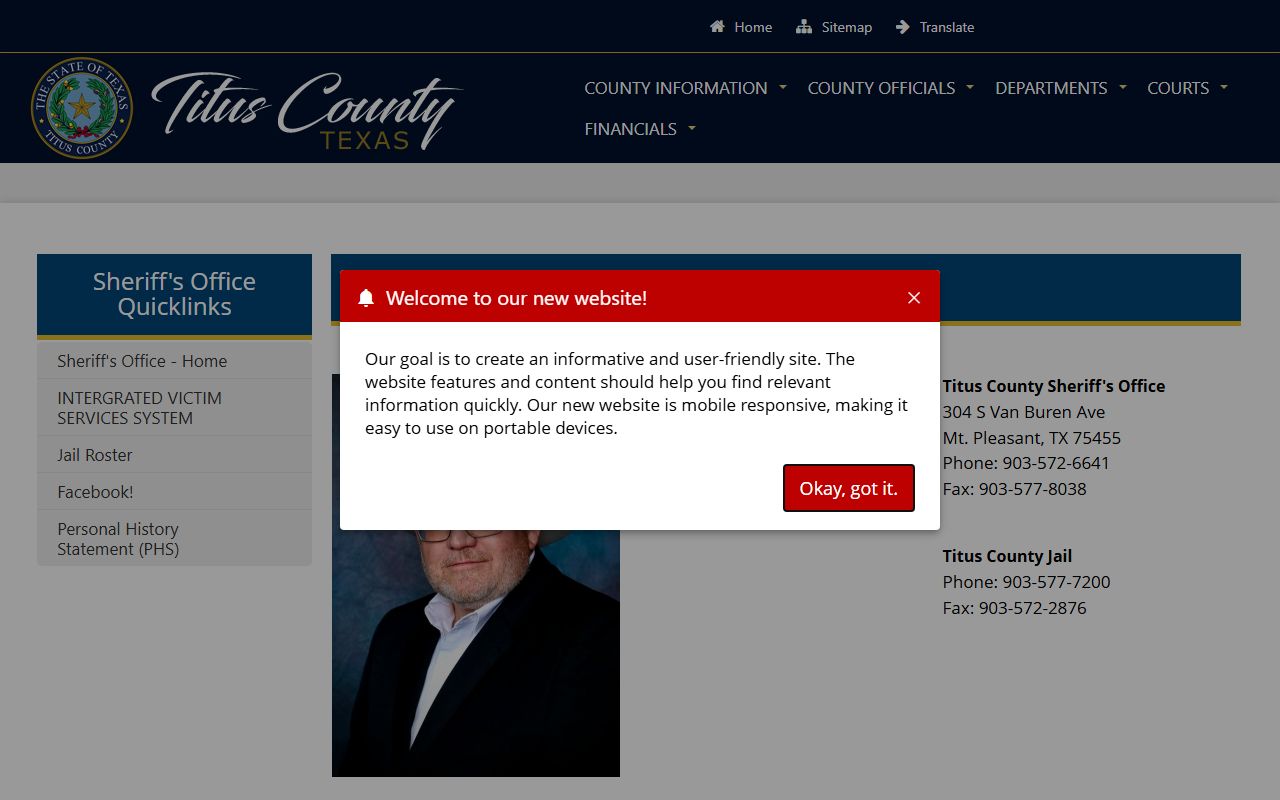 Titus County Jail inmate lookup sheriff contact page